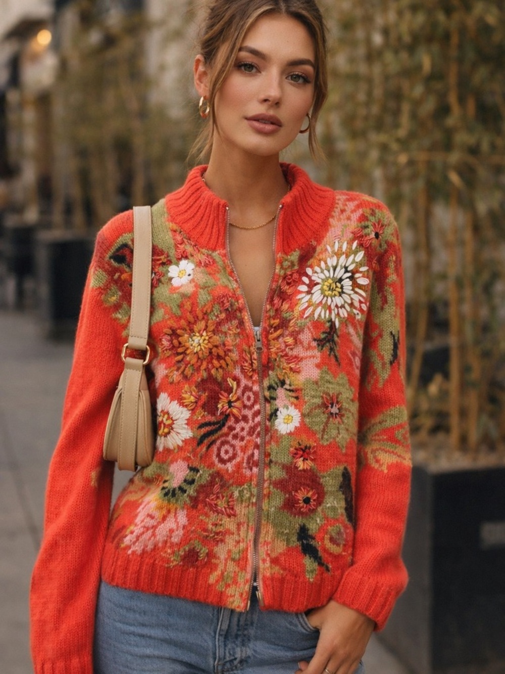 Coldwater Creek Orange Floral Zip Knit Cardigan